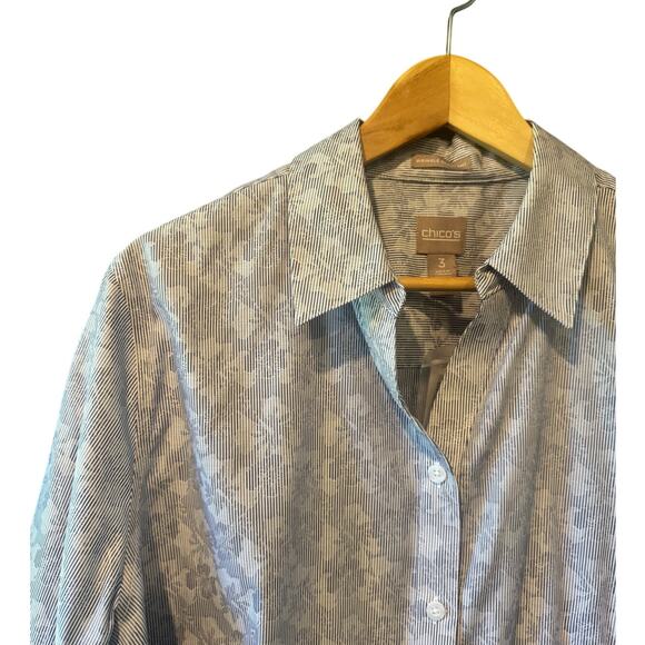 NWT Chico's | Blue Mixed Floral + Striped  3/4 Sleeve Button Down Shirt | XL - Picture 1 of 7